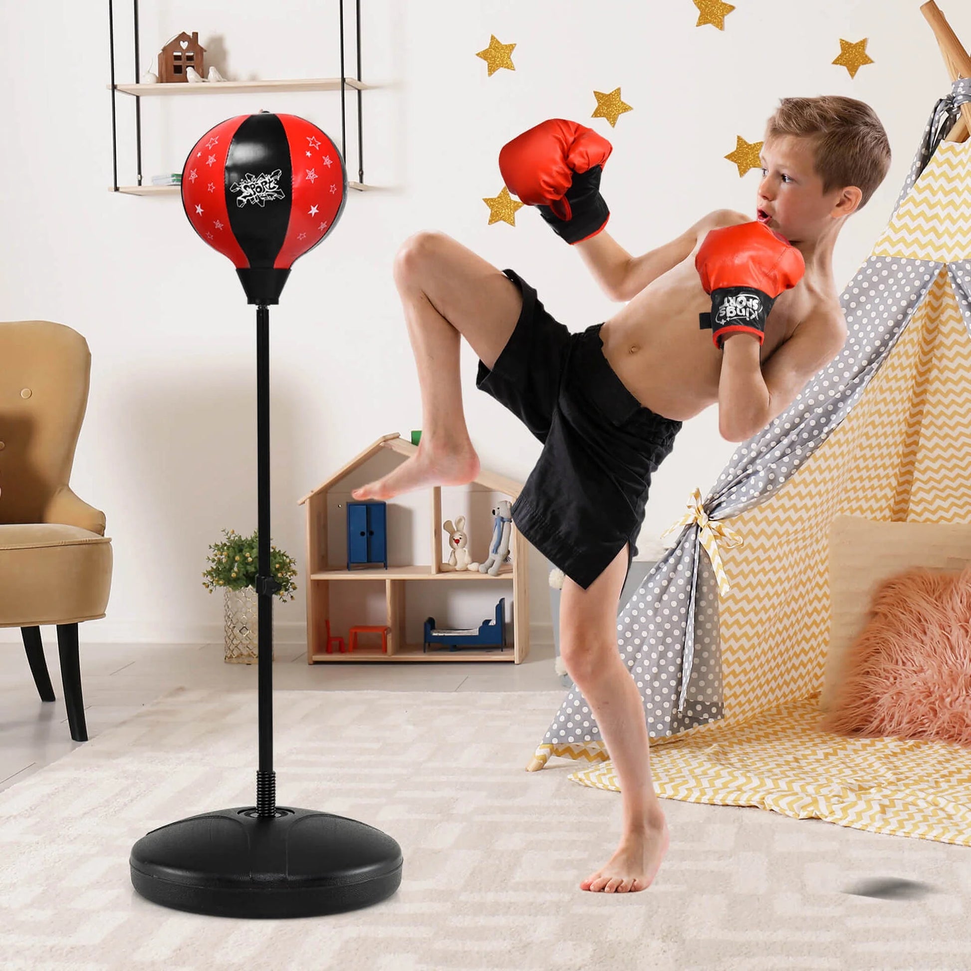 Kids Punching Bag Toy Set Adjustable Stand Boxing Glove Speed Ball with Pump